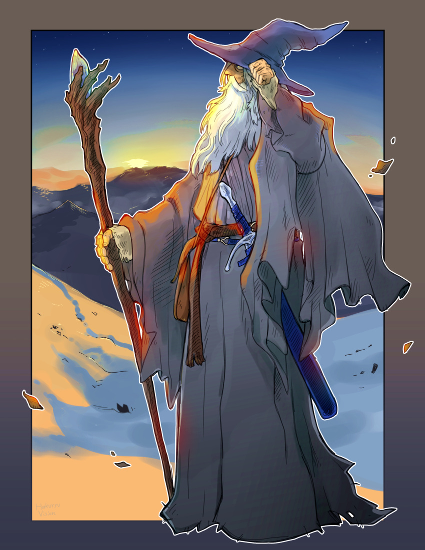 1boy absurdres adjusting_clothes adjusting_headwear beard belt blue_sky border dirty dirty_clothes english_commentary facial_hair fantasy full_body gandalf grey_robe hakuryuvision hat highres holding holding_staff long_beard long_sleeves male_focus mountain old old_man outline robe scabbard sheath sky snow staff standing star_(sky) starry_sky sunrise the_lord_of_the_rings tolkien's_legendarium white_hair white_outline witch_hat wizard