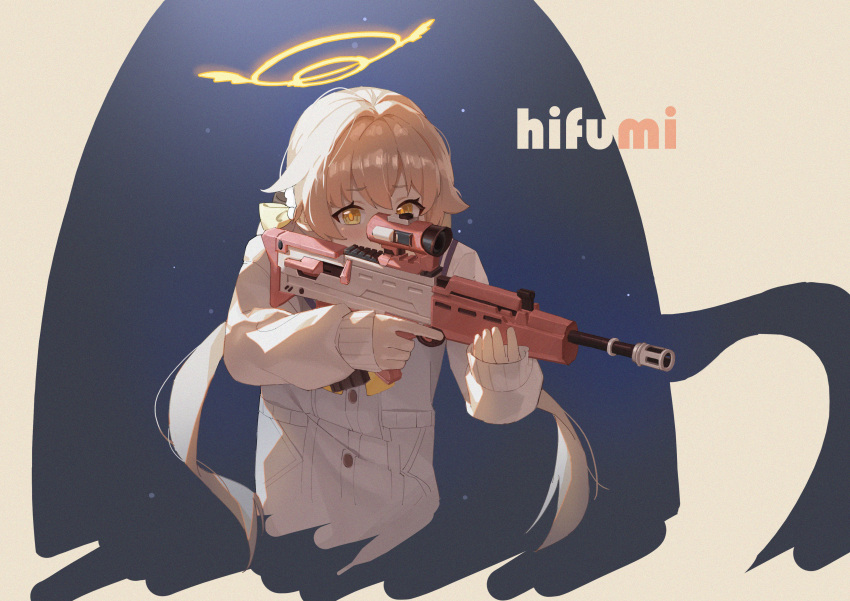 1girl absurdres aiming assault_rifle blue_archive blush bow bullpup cardigan character_name covering_own_mouth cropped_torso english_commentary guan_312 gun hair_bow hair_intakes halo hifumi_(blue_archive) highres holding holding_weapon l85 light_brown_hair long_hair looking_at_viewer rifle solo twintails upper_body weapon white_cardigan winged_halo yellow_bow yellow_eyes yellow_halo