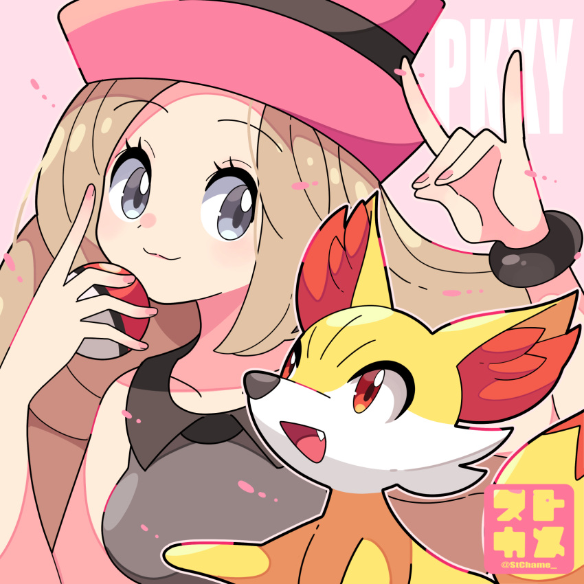 1girl blonde_hair breasts closed_mouth collared_shirt commentary_request eyelashes fennekin fox_shadow_puppet grey_eyes hands_up hat highres holding holding_poke_ball long_hair pink_headwear poke_ball poke_ball_(basic) pokemon pokemon_(creature) pokemon_xy serena_(pokemon) shirt sleeveless sleeveless_shirt smile sutokame