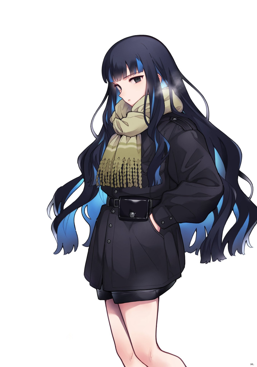 1girl belt black_hair black_jacket black_shorts blue_hair breasts colored_inner_hair fate/grand_order fate_(series) green_scarf grey_eyes highres jacket long_hair long_sleeves looking_at_viewer mitsurugi_sugar multicolored_hair pouch scarf shorts sidelocks solo tenochtitlan_(fate) thighs white_background