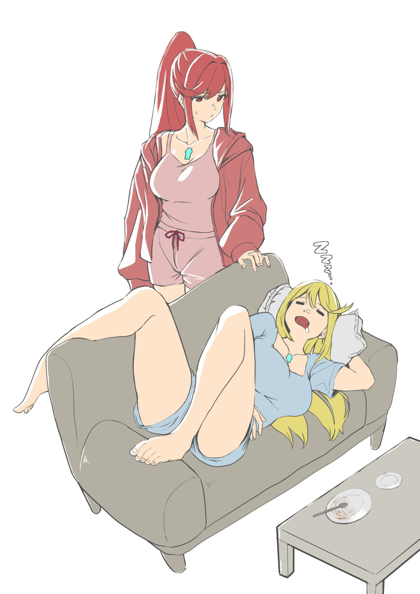 2girls absurdres bare_legs bare_shoulders barefoot breasts casual chest_jewel core_crystal_(xenoblade) couch feet glimmer_(xenoblade) high_ponytail highres karian909 large_breasts legs long_hair lying multiple_girls mythra_(xenoblade) on_couch pillow plate ponytail red_eyes redhead short_hair sleeping spoon swept_bangs table toes xenoblade_chronicles_(series) xenoblade_chronicles_2 xenoblade_chronicles_3 xenoblade_chronicles_3:_future_redeemed