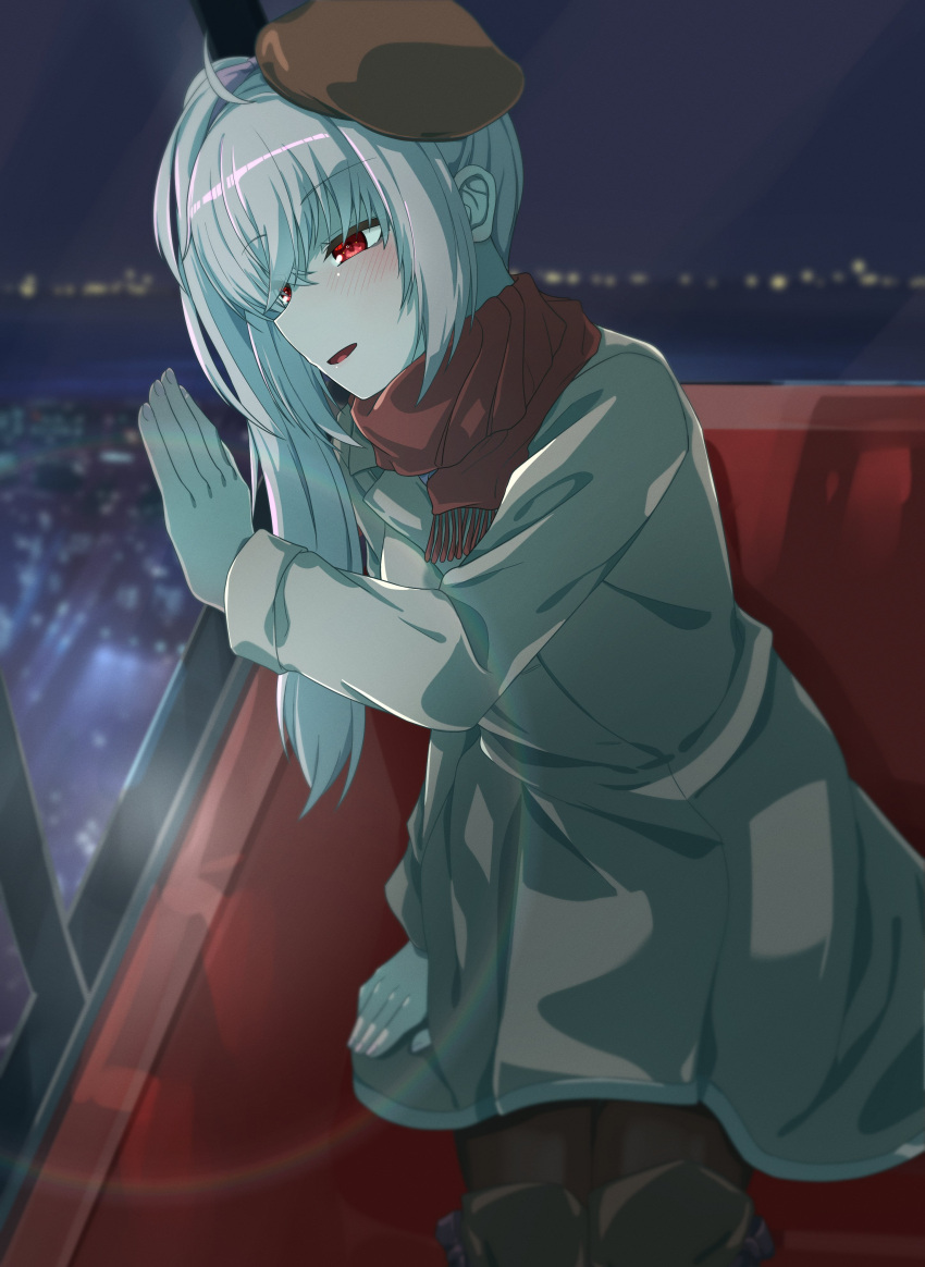 1girl absurdres ahoge akizuki_kanna alternate_eye_color arm_at_side beret blurry blush brown_coat brown_headwear cafe_stella_to_shinigami_no_chou coat commentary_request crossed_bangs depth_of_field eyes_visible_through_hair feet_out_of_frame ferris_wheel ferris_wheel_interior fingernails fringe_trim grey_hair hair_between_eyes hair_ribbon half-closed_eyes hand_on_glass hand_up haribo_no_suke hat highres indoors lens_flare long_hair long_sleeves looking_down looking_to_the_side night official_alternate_costume open_mouth pink_ribbon red_eyes red_scarf ribbon scarf side_ponytail sidelighting smile solo tsurime window