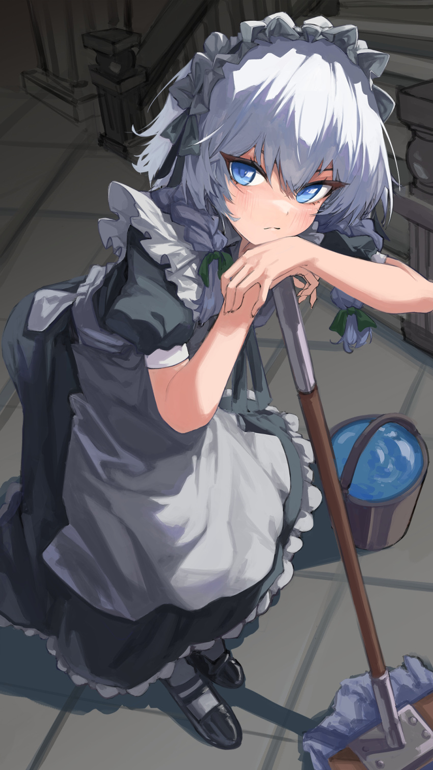 1girl apron black_footwear blue_eyes braid bucket closed_mouth commentary_request dress full_body grey_dress grey_hair highres holding holding_mop indoors izayoi_sakuya lab2linch long_hair looking_at_viewer maid_apron maid_headdress mop own_hands_together puffy_short_sleeves puffy_sleeves railing shoes short_sleeves solo stairs touhou twin_braids water