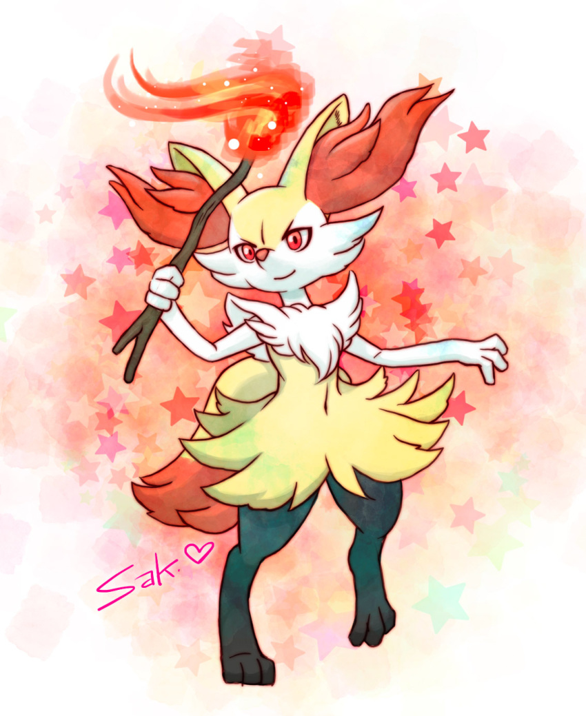 1girl animal_ear_fluff animal_ears animal_feet animal_hands artist_name black_fur body_fur braixen closed_mouth commentary_request fire flat_chest fox_ears fox_girl fox_tail full_body furry furry_female hand_up happy heart highres holding holding_stick leg_up looking_afar multicolored_fur navel neck_fur partial_commentary pokemon pokemon_(creature) red_eyes saki1008 signature smile solo standing standing_on_one_leg star_(symbol) starry_background stick stomach tail v-shaped_eyebrows white_fur yellow_fur