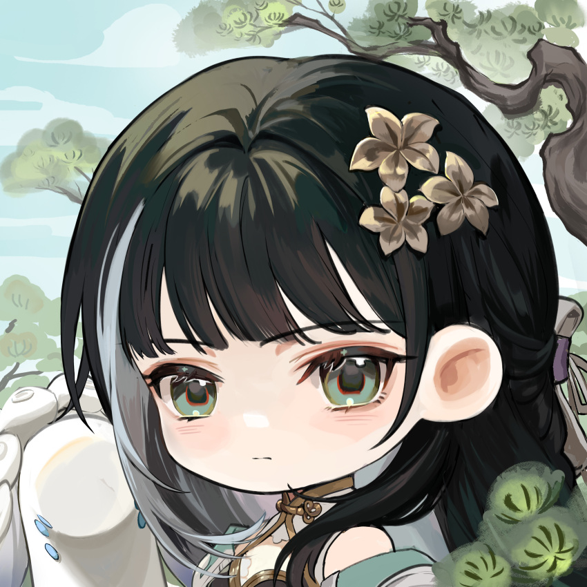 1girl absurdres bailian_(wuthering_waves) bare_shoulders black_hair chibi chinese_clothes clouds expressionless green_eyes hair_ornament hairclip highres looking_at_viewer sky tree wuthering_waves yuden6969