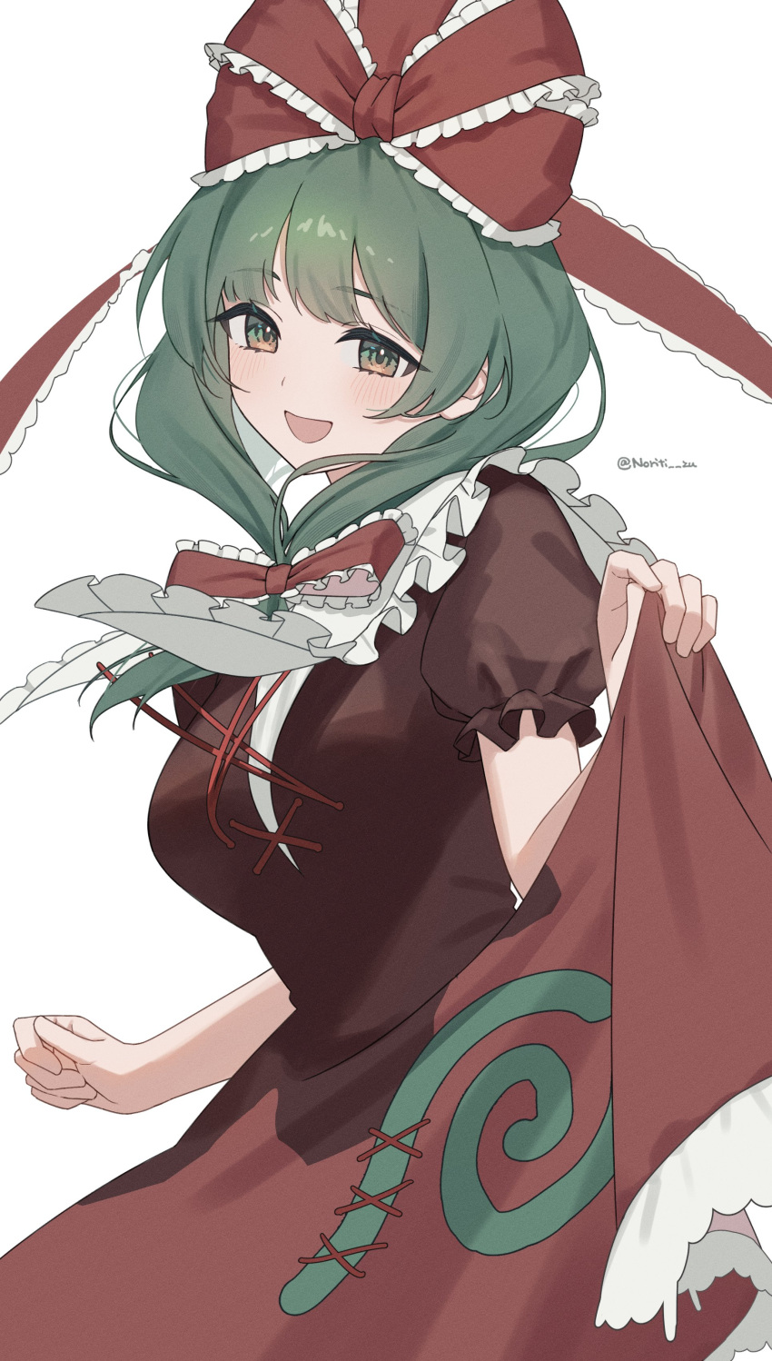 1girl absurdres bow dress frilled_bow frilled_dress frilled_ribbon frilled_sleeves frills front_ponytail green_eyes green_hair hair_bow hair_ribbon highres kagiyama_hina lifted_by_self looking_at_viewer norichiizu open_mouth puffy_short_sleeves puffy_sleeves red_bow red_dress red_ribbon ribbon short_sleeves simple_background solo touhou twitter_username white_background