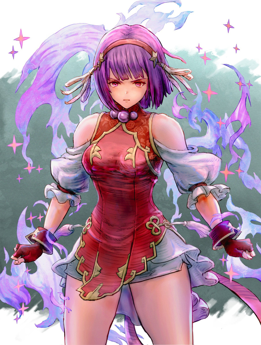 1girl asamiya_athena aura breasts cowboy_shot dress fingerless_gloves frilled_sleeves frills gloves green_background hairband highres medium_breasts mitsu_plus purple_hair red_dress red_gloves red_hairband sleeveless sleeveless_dress solo sparkle the_king_of_fighters the_king_of_fighters_xv violet_eyes white_background