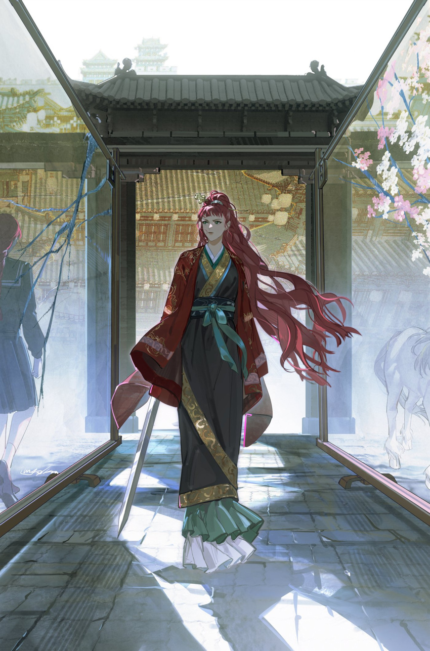 1girl architecture black_robe black_serafuku blunt_bangs braid braided_ponytail chinese_clothes cloak crack cracked_glass day different_reflection east_asian_architecture english_commentary floating_hair frills full_body gate gold_trim green_eyes hair_ornament hair_stick hallway hanfu highres holding holding_sword holding_weapon juuni_kokuki keiki_(juuni_kokuki) kirin_(juuni_kokuki) krakiria long_hair looking_to_the_side mirror nakajima_youko ponytail red_cloak redhead reflection robe sash school_uniform serafuku shoes single_braid socks solo sword very_long_hair walking weapon white_socks