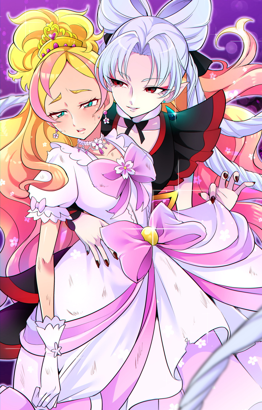 2girls absurdres akagi_towa albino arm_around_waist black_bow black_dress black_nails blonde_hair blush bow chromatic_aberration commission cowboy_shot cure_flora cure_flora_(dress_up_premium) curtained_hair detached_collar dress drop_earrings earrings fingernails flower_brooch flower_earrings gloves go!_princess_precure gradient_hair green_eyes hair_ornament half-closed_eyes haruno_haruka highres holding holding_clothes holding_dress jewelry light_smile long_hair looking_at_another magical_girl mitsuki_tayura multicolored_hair multiple_girls open_mouth pale_skin parted_bangs pink_bow pink_hair pixiv_commission pointy_ears precure puffy_sleeves purple_background raised_eyebrows red_eyes ringlets shiny_skin simple_background streaked_hair sweat twilight_(go!_princess_precure) two-tone_hair waist_bow white_dress white_gloves white_hair