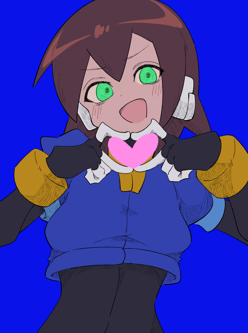 1girl absurdres aile_(mega_man_zx) black_bodysuit blue_background bodysuit bodysuit_under_clothes brown_hair buzzlyears cropped_jacket glowing glowing_eyes green_eyes heart heart_hands highres looking_at_viewer mega_man_(series) mega_man_zx open_mouth robot_ears short_hair simple_background smile solo upper_body