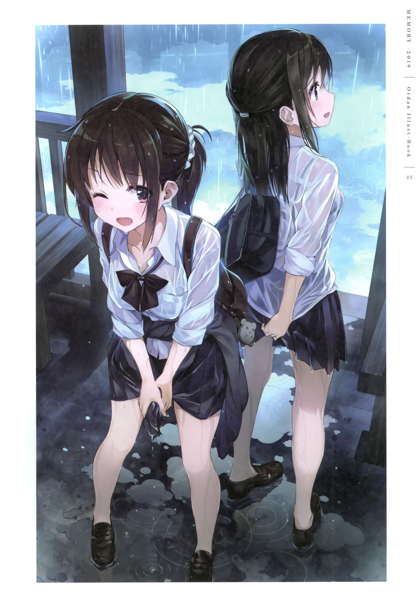 2girls :d ;d absurdres amagai_tarou artist_name bag bag_charm bare_legs black_bow black_bowtie black_footwear black_hair black_skirt blush border bow bowtie bra breasts brown_eyes brown_hair charm_(object) clothes_around_waist collarbone collared_shirt dress_shirt full_body hair_ornament hair_scrunchie highres holding jacket loafers long_hair long_sleeves looking_at_viewer miniskirt multiple_girls non-web_source one_eye_closed open_mouth original outdoors page_number pleated_skirt ponytail profile puddle rain reflection ripples school_bag school_uniform scrunchie see-through shirt shoes sidelocks skirt sleeves_rolled_up small_breasts smile standing sweater underwear water water_drop wet wet_clothes wet_hair wet_shirt wet_skirt white_border white_shirt wringing_clothes