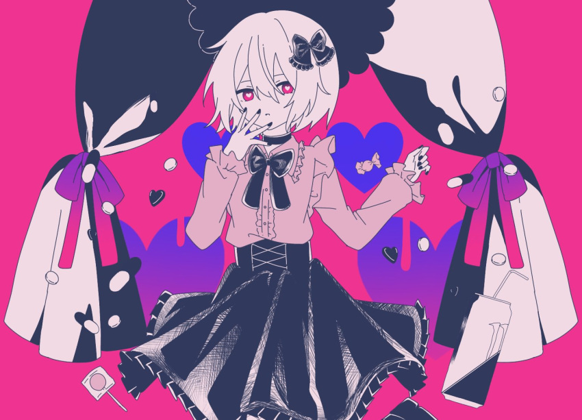 1girl accelerator_(toaru_majutsu_no_index) albino androgynous black_bow black_choker black_footwear black_nails black_skirt bow bright_pupils can candy choker collared_shirt cowboy_shot curtains drinking_straw expressionless flat_chest flat_color food frilled_shirt frilled_skirt frills genderswap genderswap_(mtf) hair_bow hand_on_own_face hands_up hatching_(texture) heart heart-shaped_pupils high-waist_skirt leg_up limited_palette lolita_fashion lollipop long_sleeves looking_at_viewer monster_energy open_mouth pale_skin pill pink_background red_eyes shirt short_hair sinin_p skirt solo standing suzushina_yuriko symbol-shaped_pupils toaru_majutsu_no_index white_hair white_pupils