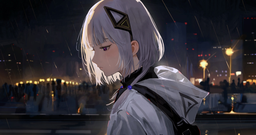 1girl absurdres black_shirt blunt_bangs cevio cityscape closed_mouth crowd crying crying_with_eyes_open fanny_pack hair_ornament hairclip high_collar highres hood hood_down hooded_jacket jacket kafu_(cevio) medium_hair multicolored_eyes natsu_kumo719 night night_sky outdoors pink_eyes rain shirt sky solo_focus straight_hair streaming_tears tears upper_body violet_eyes white_hair white_jacket
