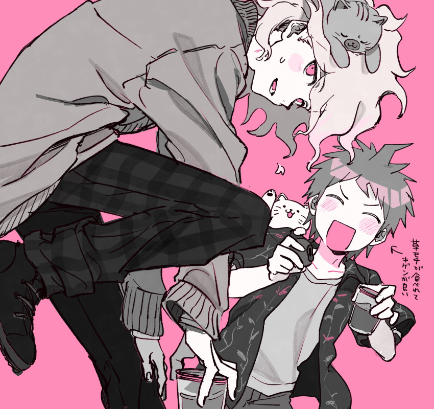 2boys absurdres animal animal_on_head animal_on_shoulder blush cat cat_on_head cat_on_shoulder closed_eyes cup danganronpa_(series) danganronpa_2:_goodbye_despair highres hinata_hajime holding holding_cup komaeda_nagito limited_palette long_sleeves looking_at_viewer male_focus messy_hair multiple_boys on_head open_mouth pants parted_lips r9rpd shirt shoes short_sleeves simple_background spiky_hair sweat