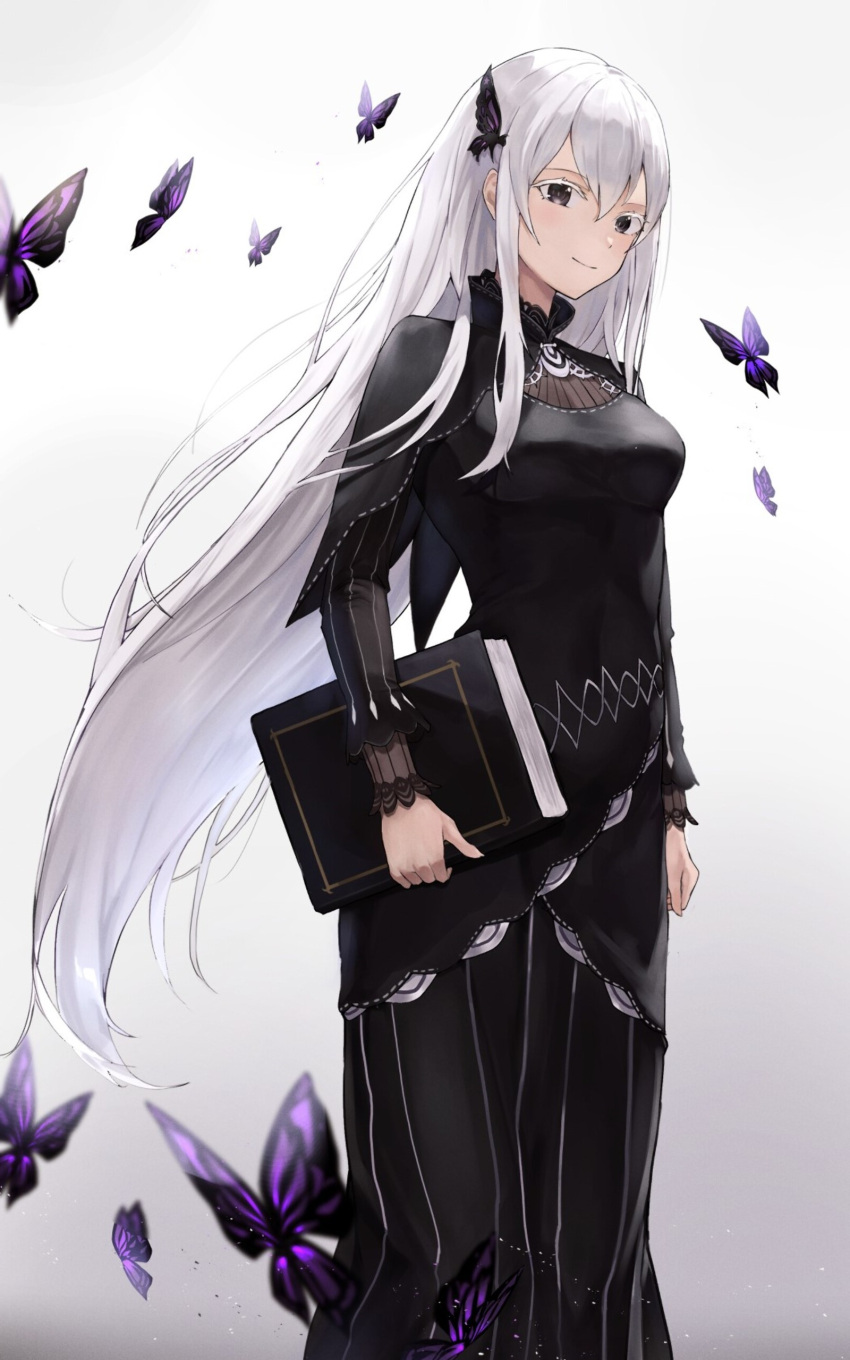 absurdres black_capelet black_dress bug butterfly butterfly_hair_ornament capelet christian_louboutin_(brand) colored_eyelashes cup dress echidna_(re:zero) glowing_butterfly green_butterfly hair_between_eyes hair_ornament highres peeing_in_cup re re:zero_kara_hajimeru_isekai_seikatsu roswaal_mansion_maid_uniform striped_clothes striped_dress teacup vertical-striped_clothes vertical-striped_dress white_hair