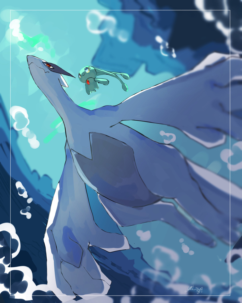 absurdres antennae bubble closed_mouth colored_skin commentary_request fangs from_below highres inset_border lugia manaphy no_humans pokemon pokemon_(creature) red_eyes skin_fangs smile underwater uninoazi white_skin wings