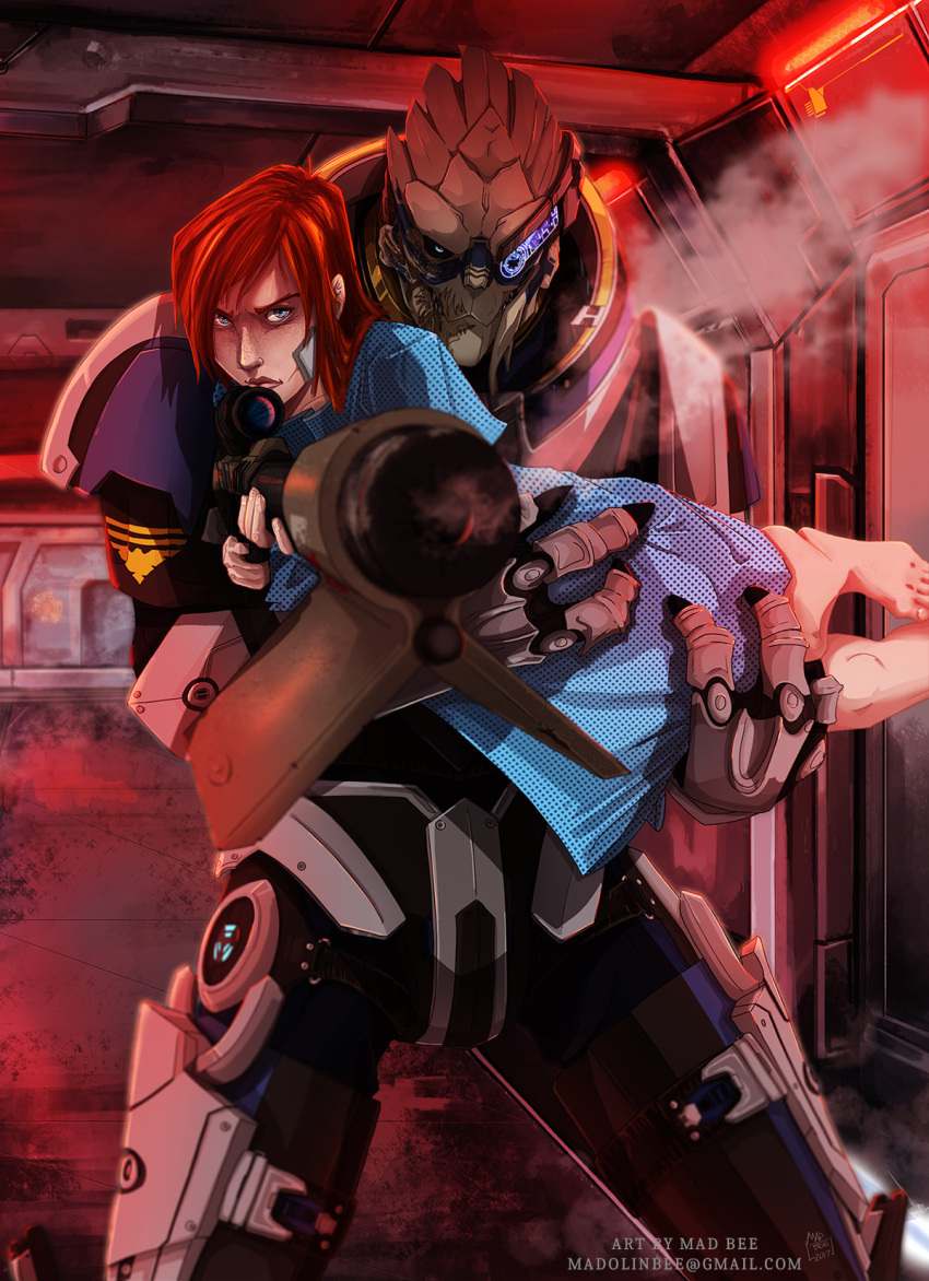 1boy 1girl aiming alien armor barefoot black_sclera blue_eyes blue_shirt carrying colored_sclera commander_shepard commander_shepard_(female) commission fewer_digits freckles frown garrus_vakarian gun hair_behind_ear hallway highres holding holding_gun holding_weapon long_shirt mad_bee mass_effect_(series) mass_effect_2 power_armor princess_carry redhead rifle scope shirt sniper_rifle turian weapon western_comics_(style)