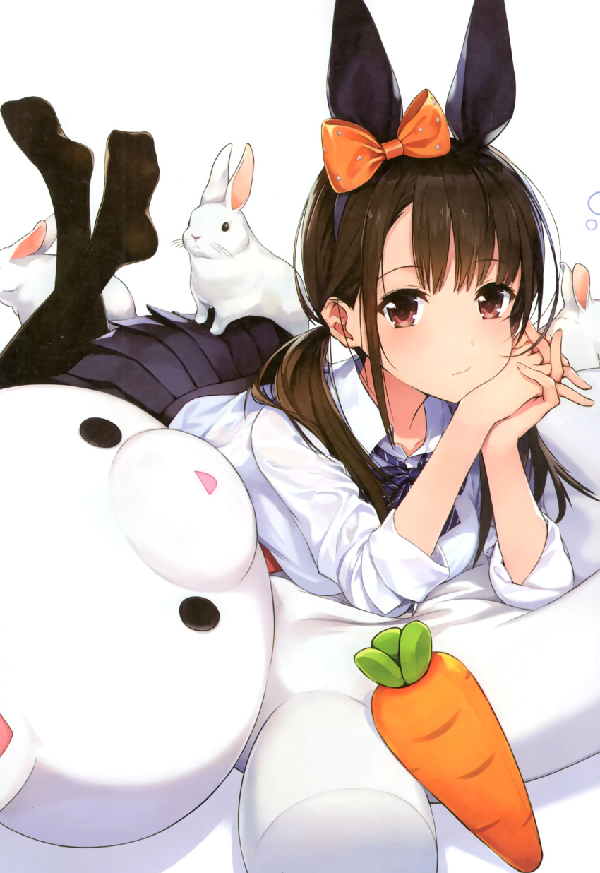1girl absurdres amagai_tarou animal_ears black_pantyhose black_skirt blush bow bowtie brown_eyes brown_hair carrot closed_mouth collared_shirt fake_animal_ears feet_up hair_bow hairband highres interlocked_fingers legs_up long_hair looking_at_viewer low_twintails lying no_shoes non-web_source on_stomach orange_bow original own_hands_together pantyhose pleated_skirt polka_dot polka_dot_bow rabbit rabbit_ears school_uniform shirt sidelocks simple_background skirt sleeves_rolled_up solo stuffed_animal stuffed_rabbit stuffed_toy teddy_bear the_pose twintails white_background white_shirt