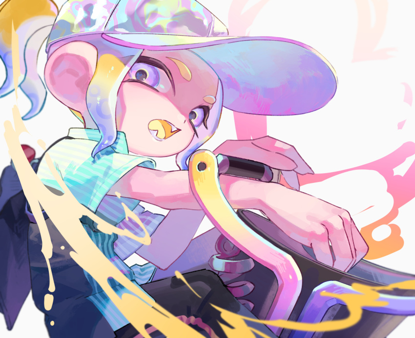 1girl baseball_cap blonde_hair blue_hair blue_shirt commentary gradient_hair hat highres holding holding_weapon ink_tank_(splatoon) looking_at_viewer medium_hair multicolored_clothes multicolored_hair multicolored_headwear octoling octoling_girl octoling_player_character open_mouth paint ponytail shirt shiu_dotcom slosher_(splatoon) smile solo splatoon_(series) splatoon_3 symbol-only_commentary teeth tentacle_hair two-tone_hair violet_eyes weapon white_background