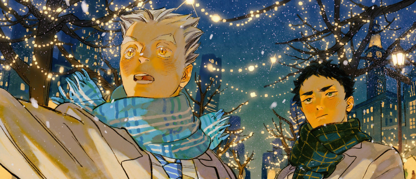 2boys absurdres akaashi_keiji black_hair blue_background blue_scarf bokuto_koutarou brown_coat building chengongzi123 city clock clock_tower closed_mouth coat colored_eyelashes english_commentary evening green_eyes grey_hair haikyuu!! hand_up highres male_focus multicolored_hair multiple_boys open_mouth outdoors scarf short_hair slit_pupils streaked_hair string_of_light_bulbs thick_eyebrows tower tree upper_body very_short_hair yellow_eyes