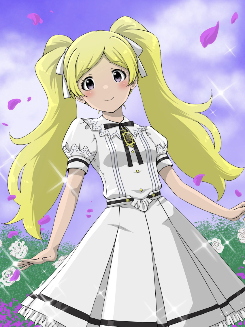 1girl black_ribbon blonde_hair blush breasts brooch bush buttons clouds cloudy_sky collar collared_shirt cowboy_shot day dot_nose dress emily_stewart eyelashes flower fluffy_hair hair_ribbon highres idolmaster idolmaster_million_live! idolmaster_million_live!_theater_days jewelry lace-trimmed_collar lace-trimmed_shirt lace-trimmed_skirt lace_trim light_smile long_hair looking_at_viewer matcha_kingyo official_alternate_costume parted_bangs petals pleated_skirt purple_flower ribbon school_uniform shirt short_sleeves sidelocks skirt sky small_breasts solo sparkle standing white_collar white_dress white_flower white_ribbon