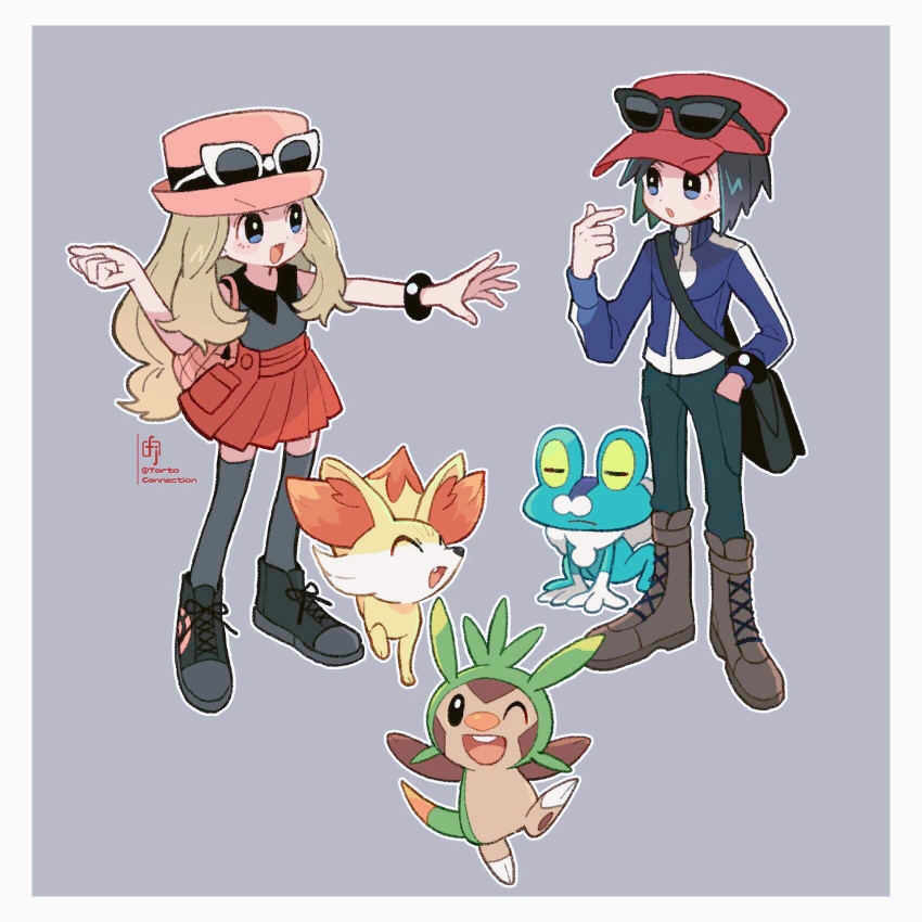1boy 1girl :d ^_^ artist_name bag black-framed_eyewear black_bag black_bracelet black_footwear black_hair blonde_hair boots border brown_footwear calem_(pokemon) chespin chikafuji closed_eyes commentary_request cross-laced_footwear cuffs eyewear_on_headwear fennekin fox froakie frog grey_background grey_thighhighs hand_in_pocket handbag hat highres long_hair one_eye_closed outstretched_arm pink_bag pokemon pokemon_(creature) pokemon_xy reaching_towards_another red_headwear red_skirt serena_(pokemon) shoes short_hair shoulder_bag simple_background skirt smile snout standing standing_on_one_leg starter_pokemon_trio sunglasses teeth thigh-highs twitter_username upper_teeth_only white-framed_eyewear white_border yellow_fur