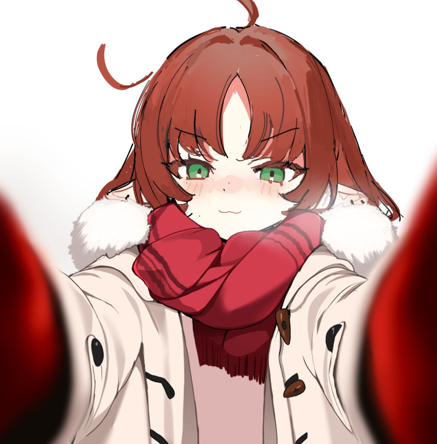 1girl :3 ahoge arknights blush closed_mouth fur-trimmed_jacket fur_trim green_eyes highres jacket long_sleeves meme miebao mittens myrtle_(arknights) open_clothes open_jacket outstretched_arms parted_bangs pointy_ears portrait pov_cheek_warming_(meme) red_mittens red_scarf redhead scarf simple_background smile solo v-shaped_eyebrows white_background white_jacket