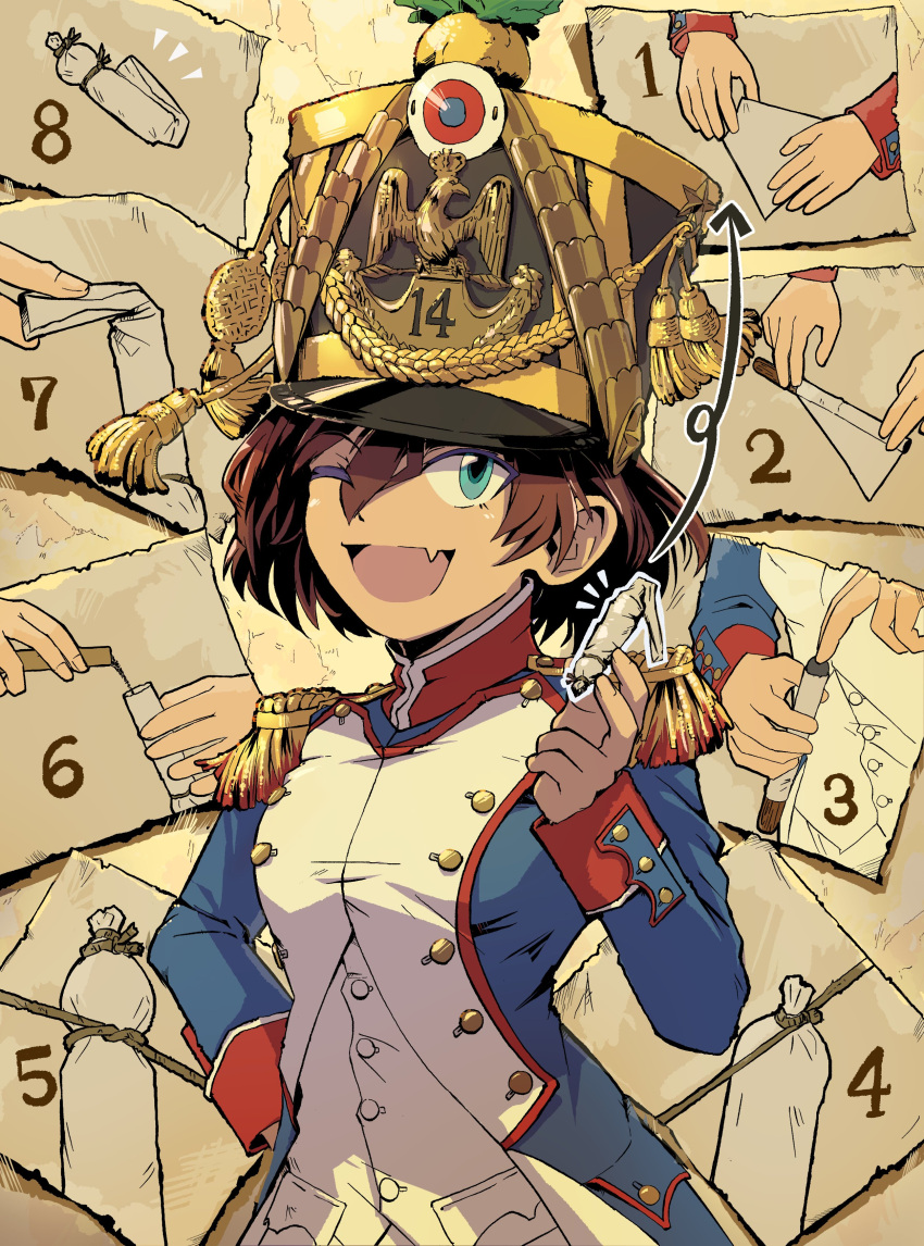 1girl absurdres aiguillette ammunition arrow_(symbol) black_headwear blue_coat blue_eyes brown_hair bullet buttons coat cockade commentary_request double-breasted english_text epaulettes fang france french_army french_clothes gold_trim gunpowder hair_between_eyes hand_on_own_hip hat highres holding how_to line_infantry long_sleeves looking_at_viewer military military_hat military_uniform numbered one_eye_closed open_mouth original pants pocket red_trim shako_cap short_hair sidelocks skin_fang smile soldier solo standing uniform upper_body zeinikunosekai