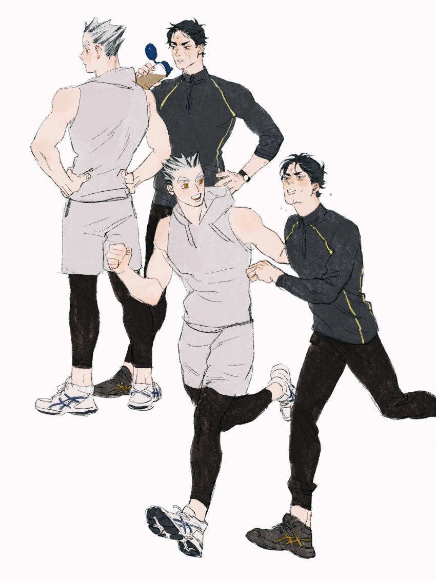 2boys akaashi_keiji black_eyes black_footwear black_hair black_jacket black_pants bokuto_koutarou bottle chengongzi123 closed_mouth commentary drink full_body grey_hair grey_hoodie grey_shorts haikyuu!! hand_on_own_hip hands_on_own_hips hands_up highres holding holding_drink hood hood_down hoodie jacket looking_at_another male_focus multicolored_hair multiple_boys open_mouth pants parted_lips running shoes short_hair shorts simple_background sleeveless sleeveless_hoodie sneakers sportswear standing streaked_hair sweat symbol-only_commentary thick_eyebrows very_short_hair watch watch water_bottle white_background white_footwear yellow_eyes
