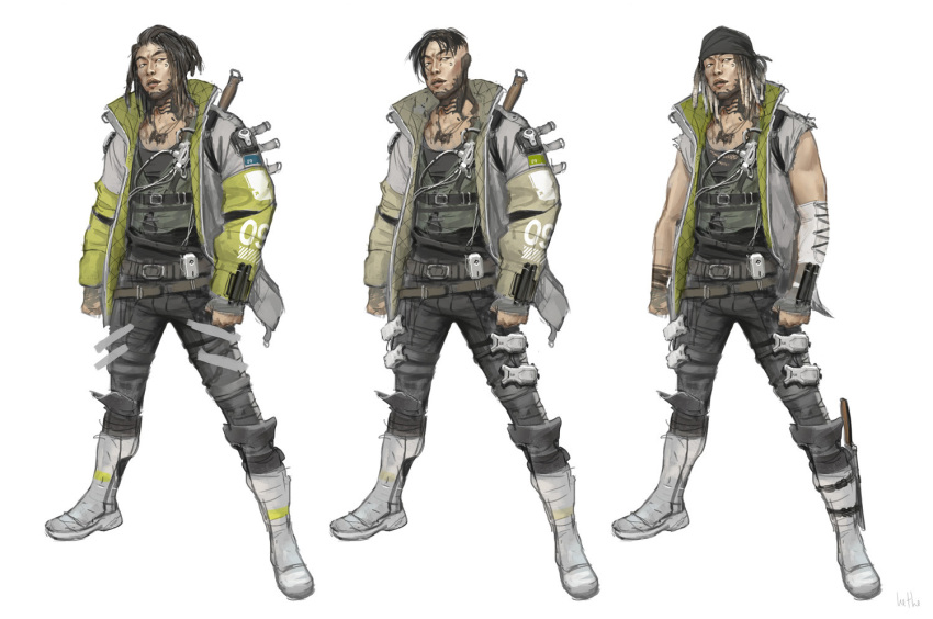 1boy apex_legends asian belt black_eyes black_headwear black_pants black_shirt blonde_hair boots brown_belt clenched_hands collarbone concept_art crypto_(apex_legends) dreadlocks english_commentary fingerless_gloves frown full_body gloves gradient_hair green_vest grey_footwear grey_gloves grey_jacket hair_between_eyes hethe_srodawa jacket jewelry male_focus medium_hair multicolored_hair necklace official_art pants parted_lips production_art prototype_design shirt simple_background sleeves_past_wrists variations vest white_background