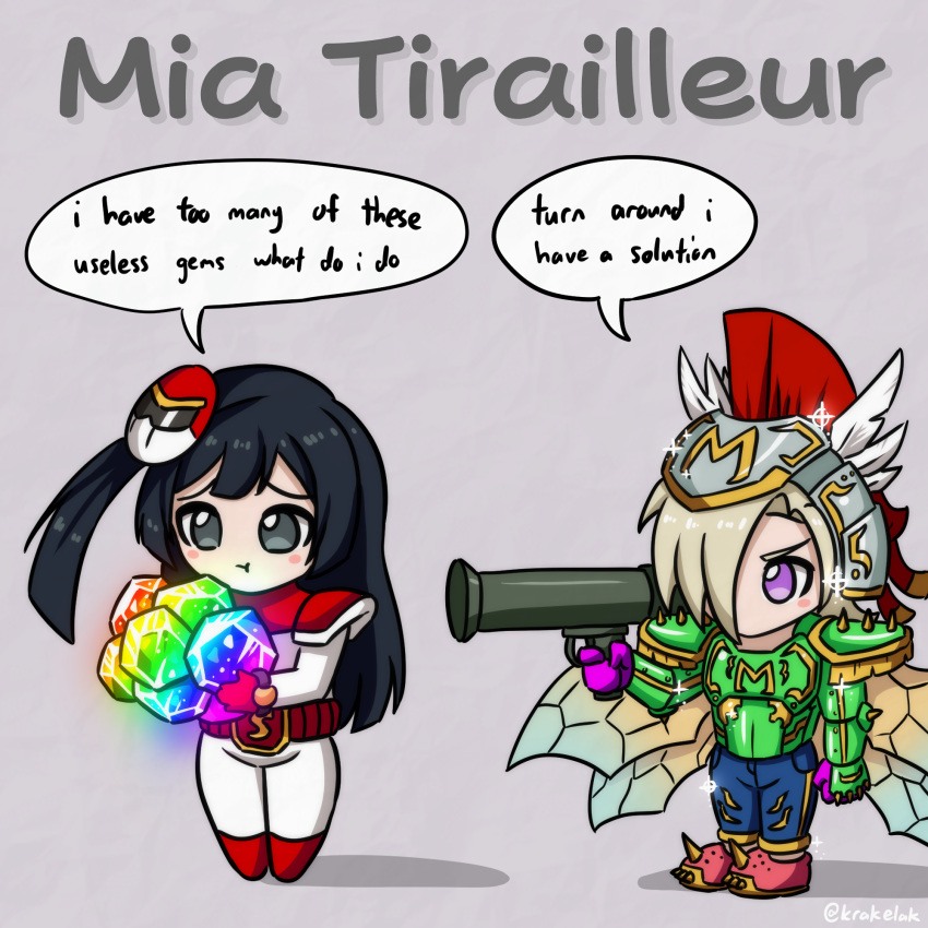 2girls :t aiming armor belt black_hair blonde_hair bodysuit breastplate chibi chibi_only closed_mouth crocs english_text finger_on_trigger gem gloves green_armor grey_background grey_eyes hair_over_one_eye helm helmet highres holding holding_gem holding_rocket_launcher holding_weapon insect_wings krakelak long_hair long_sleeves love_live! love_live!_nijigasaki_high_school_idol_club mask mask_on_head mia_taylor multiple_girls no_mouth one_eye_covered one_side_up pout pun purple_gloves red_belt red_footwear rocket_launcher shadow short_hair sidelocks speech_bubble spiked_footwear text_focus twitter_username violet_eyes weapon white_bodysuit wings yuki_setsuna_(love_live!)