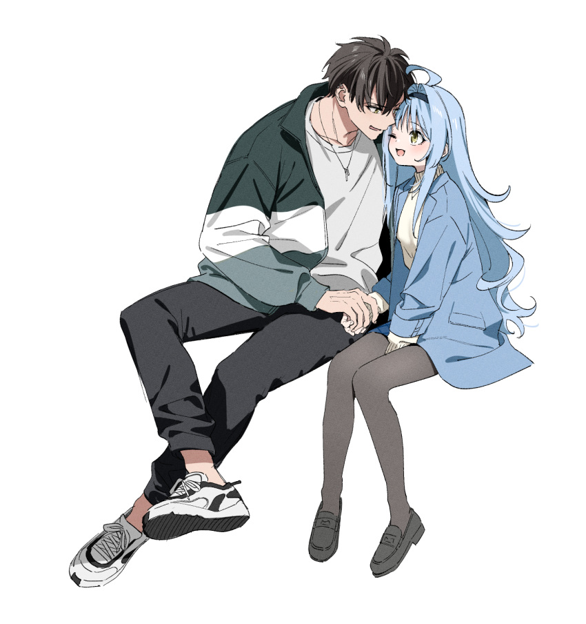 1boy 1girl ahoge blue_coat blue_hair blush coat couple full_body hetero highres holding_hands jacket jewelry kise_itsuki loafers long_hair looking_at_another necklace one_eye_closed open_clothes open_coat open_jacket open_mouth original pantyhose shoes simple_background sitting smile sneakers sweater white_background yellow_eyes
