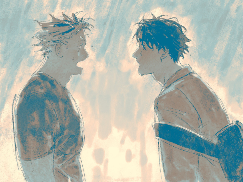 2boys akaashi_keiji bag blue_hair bokuto_koutarou chengongzi123 chinese_commentary commentary_request haikyuu!! highres limited_palette long_sleeves looking_at_another male_focus multicolored_hair multiple_boys open_mouth shirt short_hair short_sleeves streaked_hair t-shirt upper_body very_short_hair wet