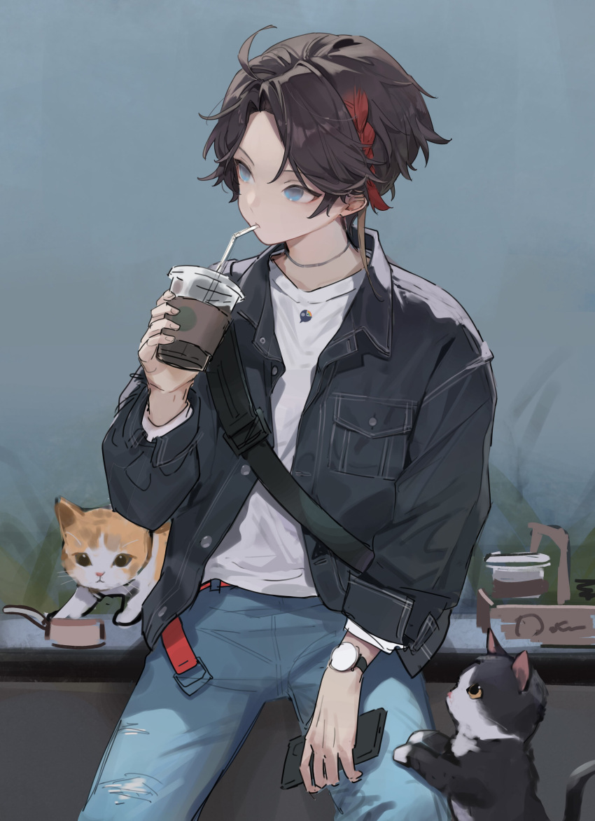 1boy absurdres ahoge black_jacket blue_eyes blue_pants braid brown_hair cat chyoel collared_jacket cowboy_shot cup denim denim_jacket disposable_cup drink drinking forehead highres holding holding_drink jacket jeans jewelry legs_apart long_sleeves looking_to_the_side male_focus multicolored_hair necklace nijisanji open_clothes open_jacket pants parted_bangs redhead saegusa_akina shirt short_hair sitting solo streaked_hair virtual_youtuber watch watch white_shirt