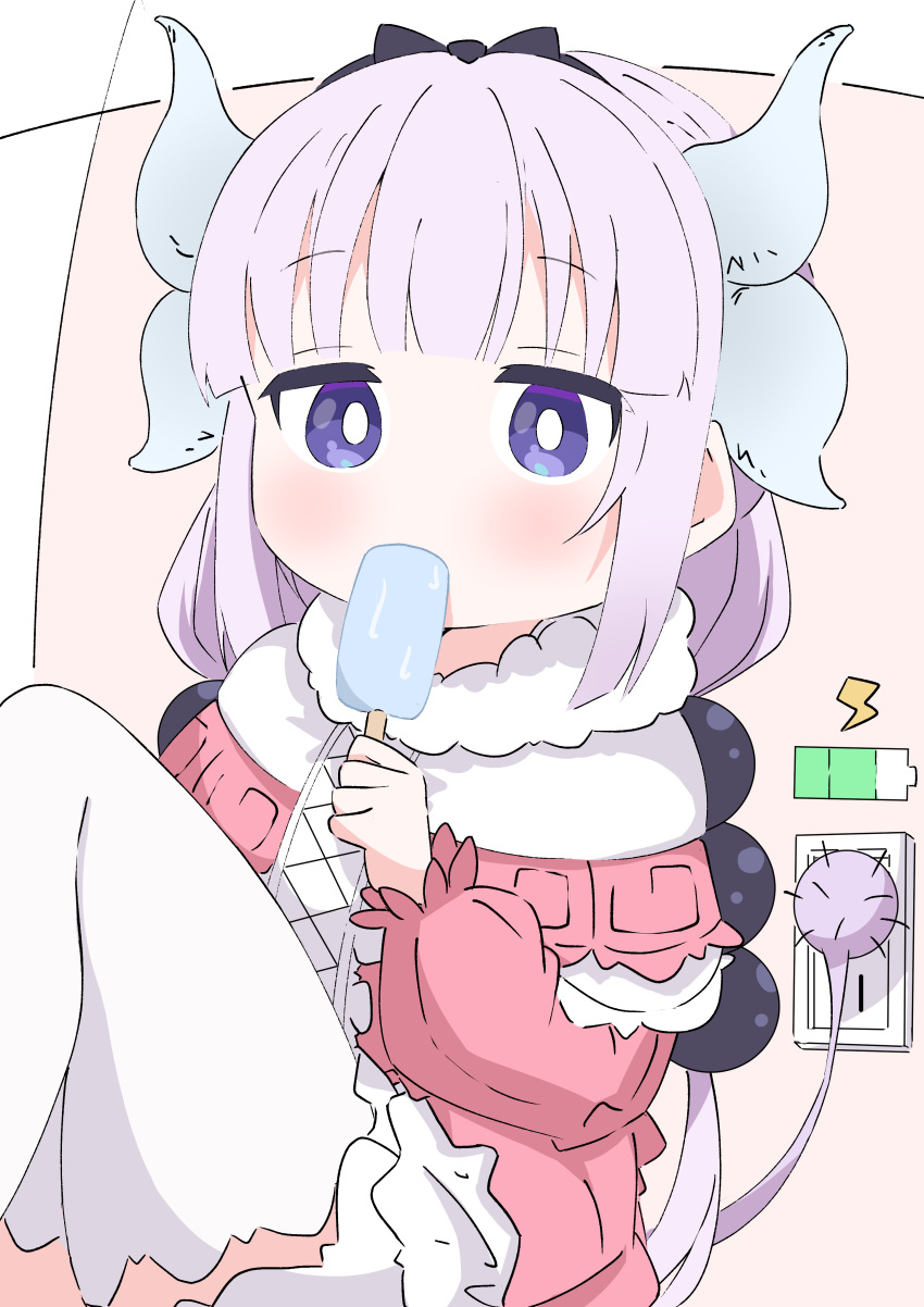 1girl absurdres battery_indicator beads black_hairband blush bow covered_mouth dragon_girl dragon_horns dress electrical_outlet food hair_beads hair_bow hair_ornament hairband highres holding holding_food holding_popsicle horns kanna_kamui kobayashi-san_chi_no_maidragon light_blush lightning_bolt_symbol looking_at_viewer pink_dress popsicle puffy_sleeves purple_hair recharging sitting tail thigh-highs violet_eyes wa_ki_ya_ku white_thighhighs