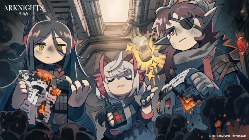 1boy 2girls :3 animal_ears antenna_hair arknights black_gloves black_hair black_jacket brown_hair chibi chips_(food) closed_eyes company_name controller copyright_name dirty dirty_clothes dirty_face eyepatch fingerless_gloves food frown gauntlets gloves highres hoederer_(arknights) holding holding_paper horns indoors ines_(arknights) jacket long_hair looking_at_viewer multiple_girls official_art paper pointy_ears potato_chips remote_control scarf short_hair smoke sparkle standing upper_body w_(arknights) whitebear yellow_eyes