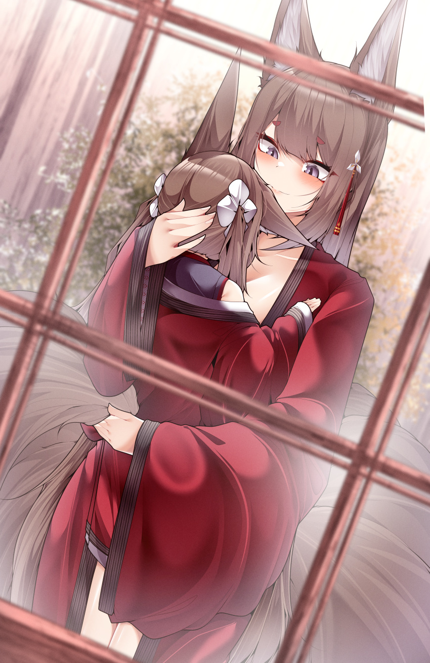 2girls absurdres amagi-chan_(azur_lane) amagi_(azur_lane) animal_ears azur_lane bare_shoulders blush brown_hair carrying carrying_person day eyeshadow flower fox_ears fox_girl fox_tail full_body hair_between_eyes hair_flower hair_ornament hairpin hand_on_another's_head happy highres hug indoors japanese_clothes kimono kitsune long_hair long_sleeves looking_at_another looking_down makeup mother_and_daughter multiple_girls multiple_tails off_shoulder red_eyeshadow red_kimono samip slit_pupils smile standing tail twintails very_long_hair violet_eyes white_flower wide_sleeves