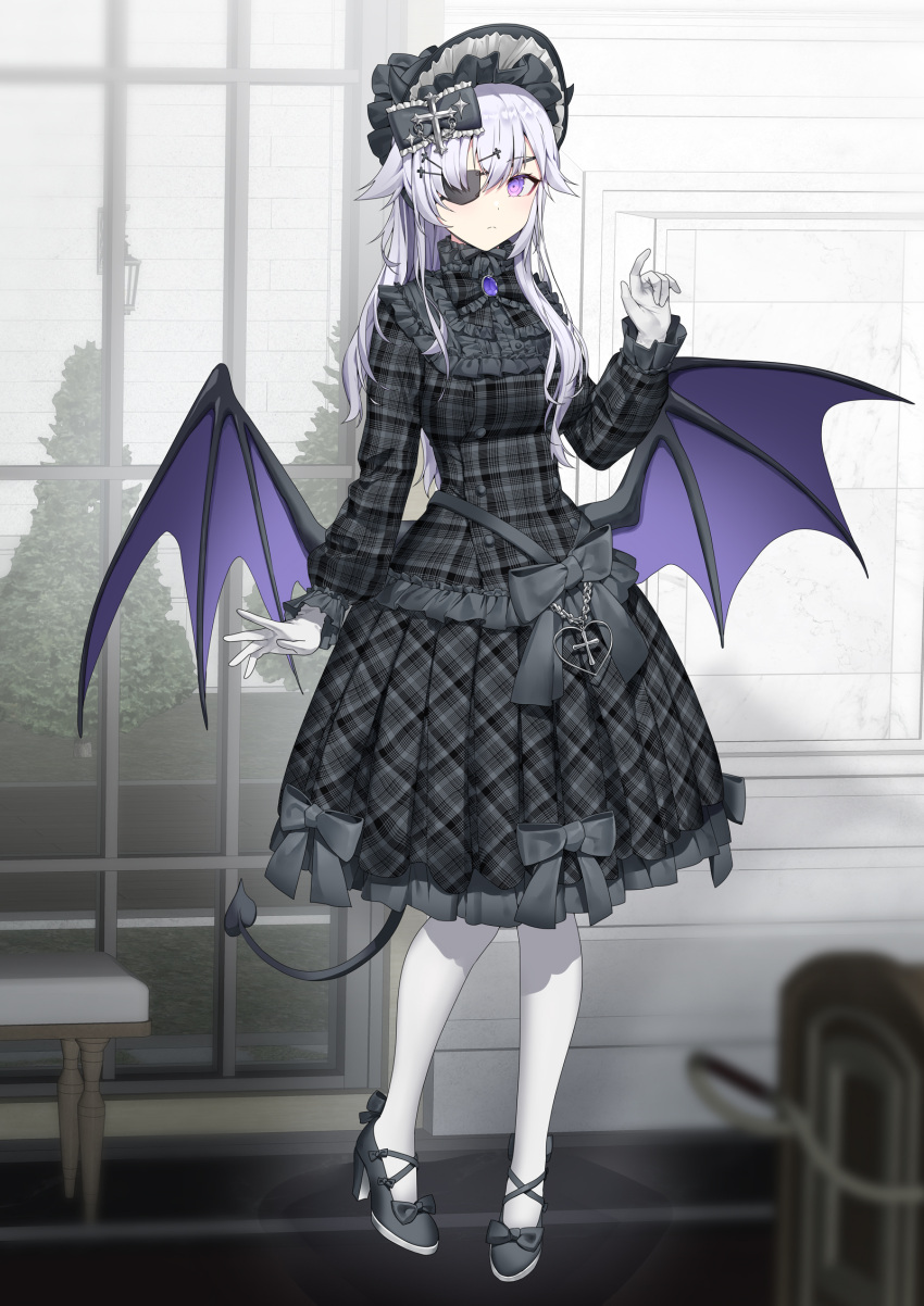 1girl black_footwear black_headwear blurry blurry_foreground bonnet bow breasts brooch closed_mouth commentary_request commission demon_girl demon_horns demon_tail demon_wings depth_of_field eyepatch frilled_skirt frilled_sleeves frills gloves gothic_lolita grey_bow grey_hair grey_shirt grey_skirt hair_between_eyes hand_up high_heels highres horns indoors jewelry lolita_fashion long_hair long_sleeves looking_at_viewer low_wings medium_breasts original pantyhose pixiv_commission plaid plaid_shirt plaid_skirt pleated_skirt purple_wings ronopu shirt shoes skirt solo standing tail tree very_long_hair violet_eyes wall_lamp white_gloves white_pantyhose window wings