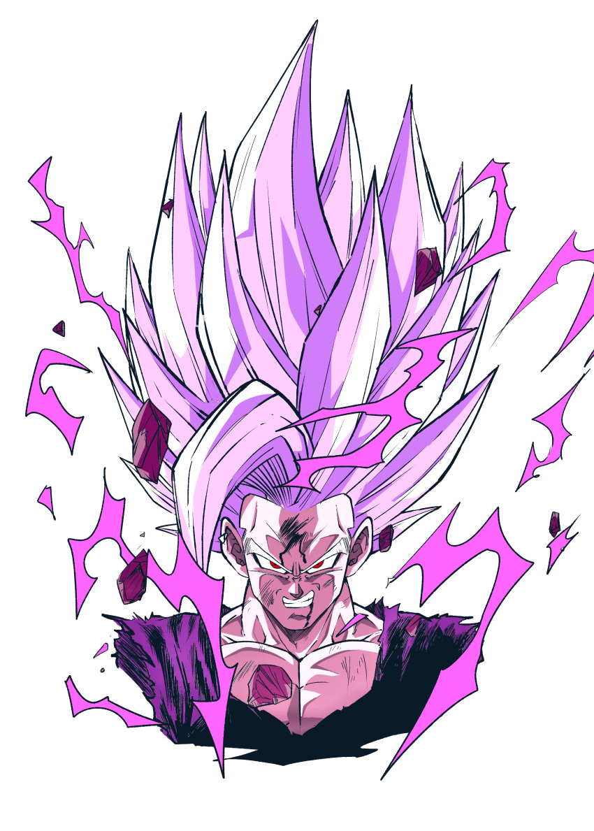 1boy absurdres aura blood blood_from_mouth blood_on_face collarbone crackling_energy cropped_torso debris dougi dragon_ball dragon_ball_super dragon_ball_super_super_hero gohan_beast highres injury long_hair looking_at_viewer male_focus muscular muscular_male oharu2000 purple_shirt red_eyes shirt smile solo son_gohan spiky_hair upper_body white_background white_hair
