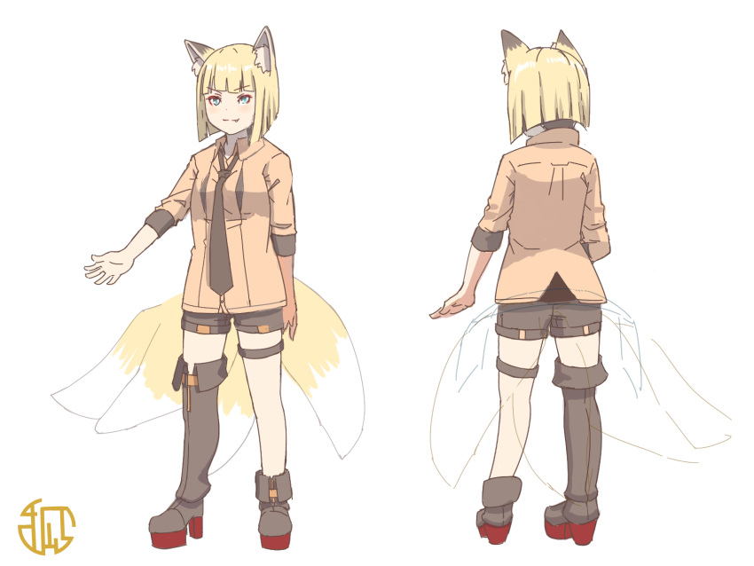 &gt;:) 1girl animal_ear_fluff animal_ears asymmetrical_footwear black_footwear black_necktie black_shorts blonde_hair blue_eyes boots breasts brown_shirt closed_mouth collared_shirt dress_shirt fang fang_out fox_ears fox_girl fox_tail highres kitsune kuro_kosyou long_sleeves multiple_views necktie original shirt shorts simple_background single_thigh_boot small_breasts smile standing tail thigh_boots v-shaped_eyebrows white_background x-ray