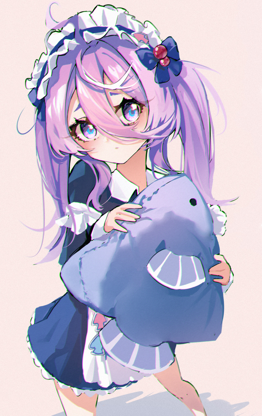 1girl ahoge alternate_costume azur_lane blue_ribbon chromatic_aberration closed_mouth enmaided flasher_(azur_lane) flasher_(tearjerking_service)_(azur_lane) hair_ribbon highres holding holding_stuffed_toy long_bangs long_sleeves looking_at_viewer maid maid_headdress medium_hair official_alternate_costume purple_hair ribbon shadow simple_background solo standing stuffed_animal stuffed_fish stuffed_toy twintails violet_eyes xxxxxg