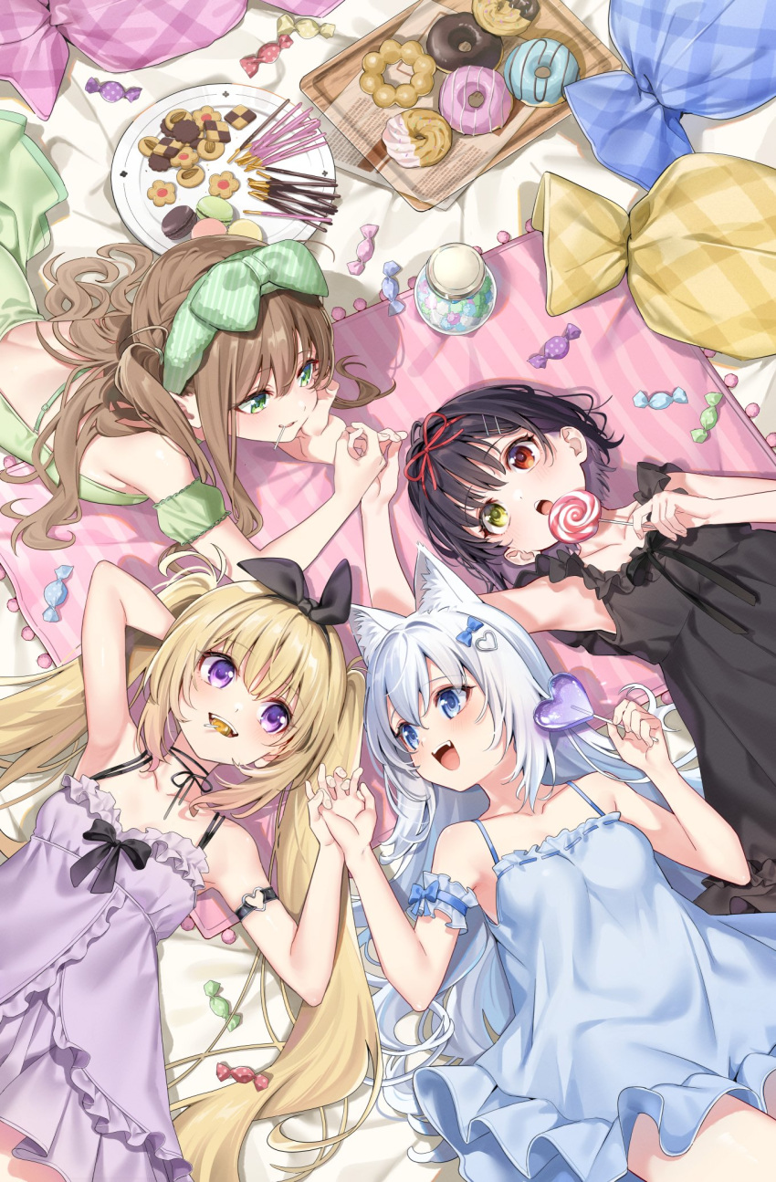 4girls animal_ears arm_garter arm_strap black_hair black_nightgown blonde_hair blue_eyes blue_nightgown blush breasts brown_hair candy cat_ears cookie doughnut food green_eyes green_nightgown heterochromia highres kise_itsuki lollipop looking_at_another lying macaron multiple_girls nightgown on_back open_mouth original pocky purple_nightgown red_eyes short_hair small_breasts smile swirl_lollipop twintails violet_eyes white_hair yellow_eyes