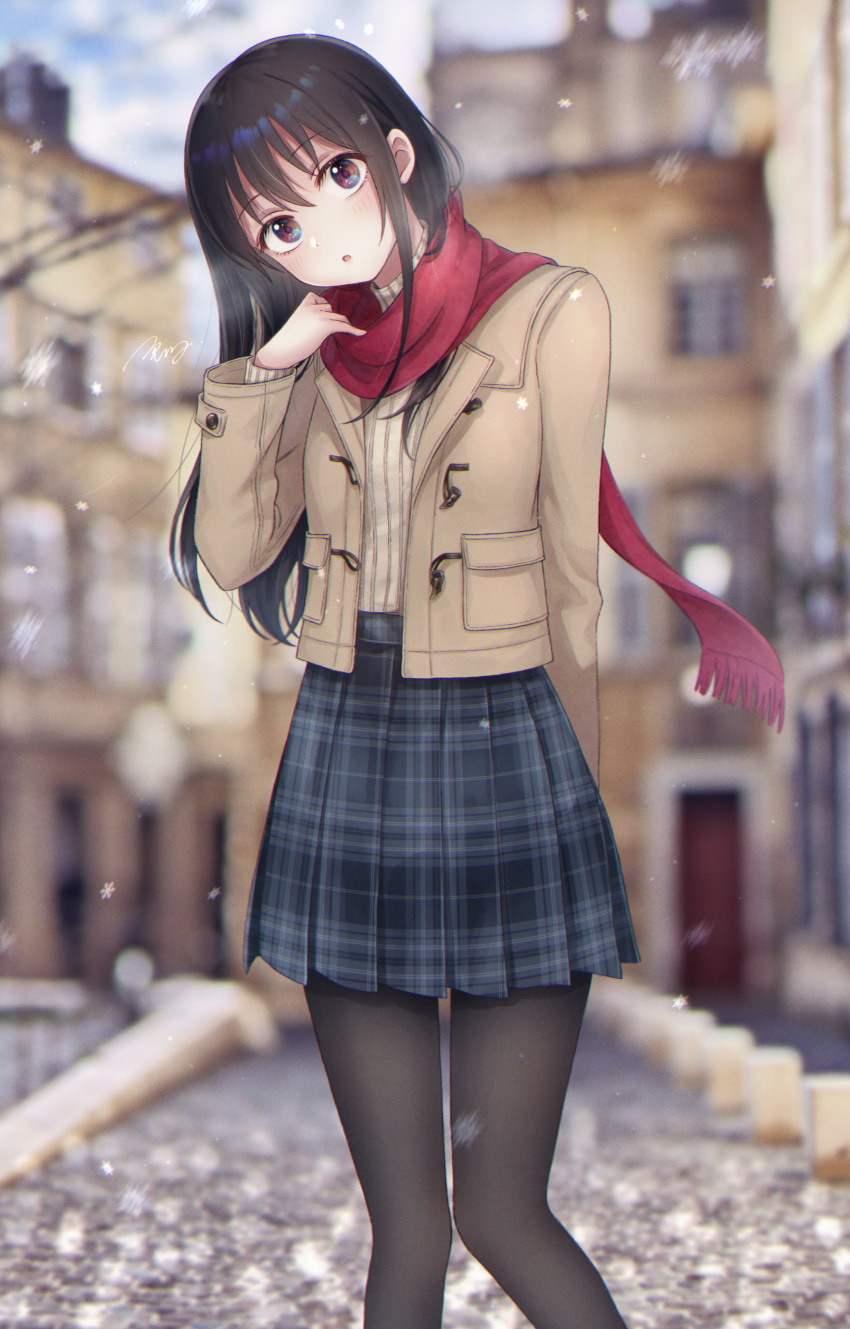 1girl absurdres adjusting_scarf arm_behind_back black_hair black_pantyhose black_skirt blurry blurry_background brown_eyes brown_jacket brown_sweater day feet_out_of_frame head_tilt highres isshokuitaru jacket long_hair long_sleeves looking_at_viewer open_clothes open_jacket open_mouth original outdoors pantyhose pleated_skirt red_scarf ribbed_sweater scarf signature skirt snowing solo sweater turtleneck turtleneck_sweater