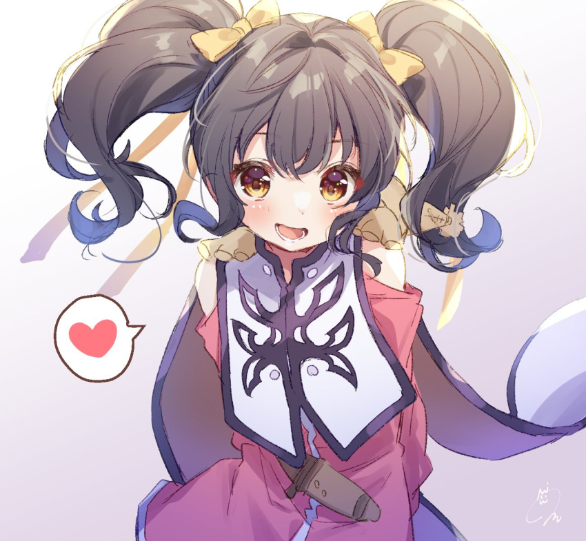 1girl anise_tatlin bare_shoulders brown_eyes brown_hair dress hair_ribbon highres kisukekun long_hair long_sleeves looking_at_viewer open_mouth pink_dress ribbon smile solo stuffed_toy tabard tales_of_(series) tales_of_the_abyss tokunaga_(tales) twintails white_tabard yellow_ribbon