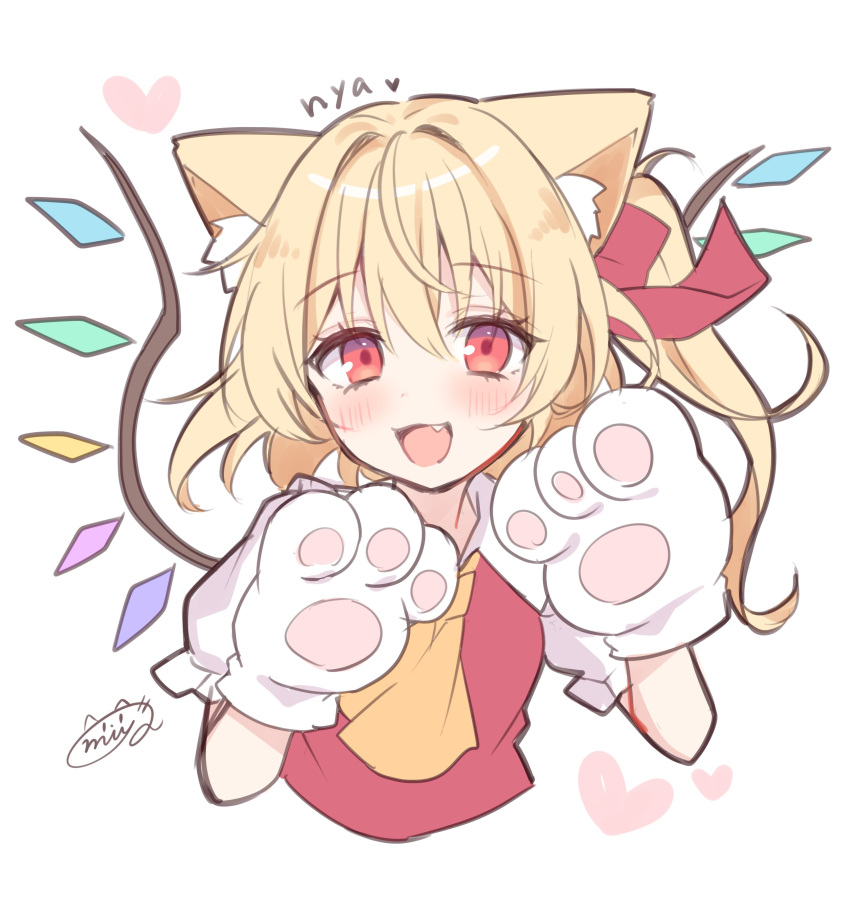 1girl absurdres animal_ear_fluff animal_ears animal_hands ascot blonde_hair blush cat_ears crystal fang flandre_scarlet gloves heart highres long_hair looking_at_viewer miy@ open_mouth orange_ascot paw_gloves red_eyes red_vest signature simple_background smile solo touhou vest white_background white_gloves wings