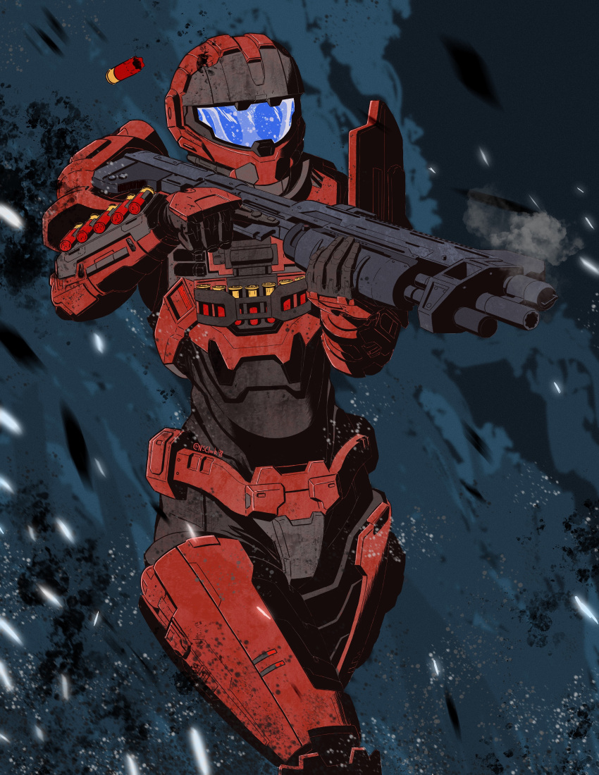 1girl absurdres armor assault_visor casing_ejection gun halo_(series) halo_infinite highres holding holding_gun holding_weapon nathan_clark power_armor procreate_(medium) science_fiction shell_casing shotgun smoke smoking_gun solo spartan_(halo) walking weapon