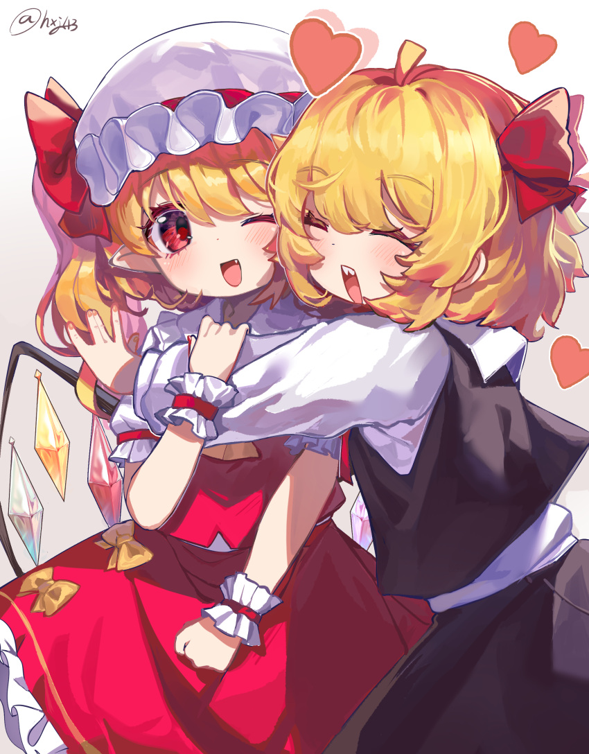 2girls absurdres ascot blonde_hair closed_eyes crystal_wings dress flandre_scarlet frills hair_ribbon heart highres hxj_(2324184595) medium_hair multiple_girls one_eye_closed open_mouth red_dress red_ribbon ribbon rumia short_hair side_ponytail touhou wrist_cuffs yellow_ascot