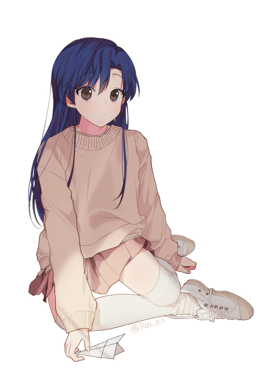 1girl blue_hair blush brown_eyes brown_skirt brown_sweater closed_mouth dot_nose flat_chest full_body highres idolmaster idolmaster_(classic) idolmaster_1 idolmaster_million_live! idolmaster_million_live!_theater_days kisaragi_chihaya long_hair long_sleeves looking_at_viewer lunim_(roo_0_0) paper_airplane pleated_skirt shoes simple_background sitting skirt sneakers solo sweater thigh-highs twitter_username white_background white_footwear white_thighhighs yokozuwari