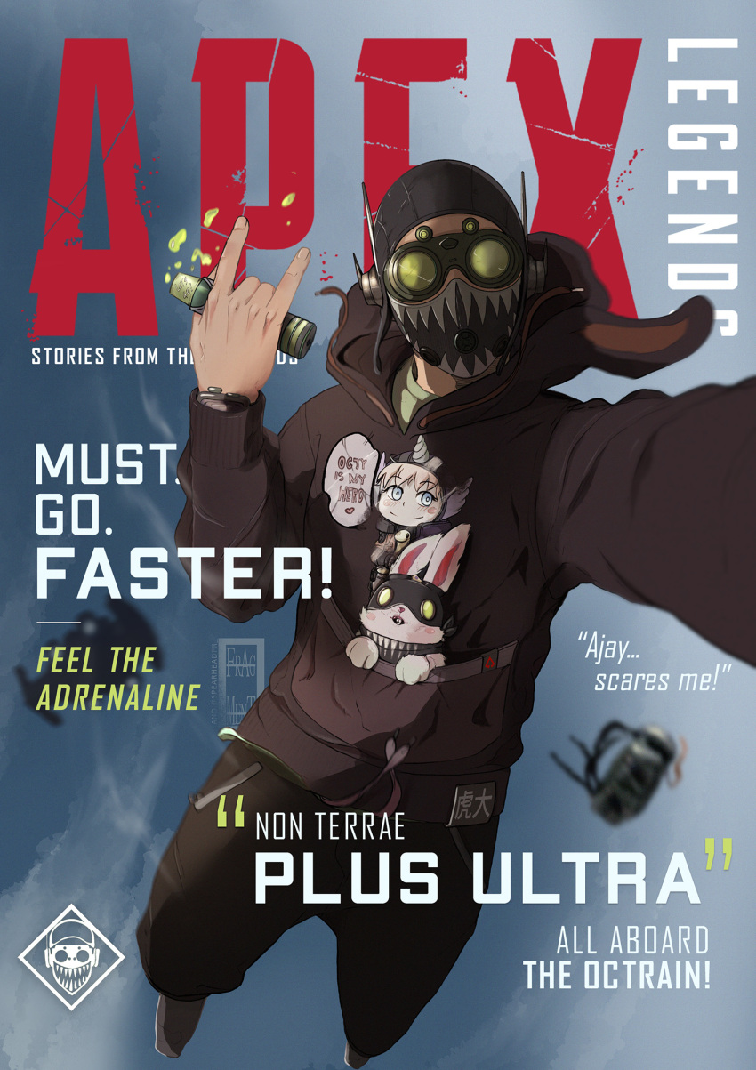 1boy \n/ animal_hood apex_legends backpack bag black_headwear black_hoodie black_pants blurry blurry_background clouds copyright_name cover english_commentary english_text fake_magazine_cover falling goblin_(titanfall) goggles green_shirt grey_footwear highres holding hood hood_down hoodie ifragmentix liquid magazine_cover mask mouth_mask octane_(apex_legends) pants rabbit rabbit_hood shirt shoes sky smartwatch sneakers solo sweatpants watch wattson_(apex_legends)