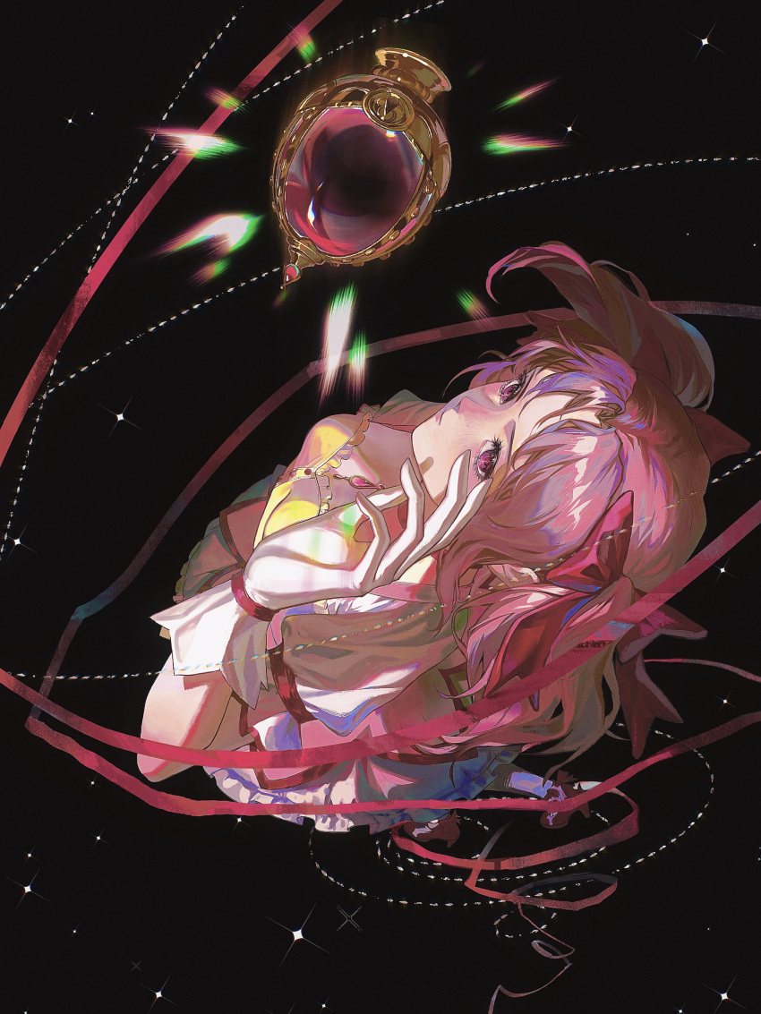 1girl absurdres black_background bow bubble_skirt dress foreshortening frilled_skirt frills from_above full_body gloves hair_bow hand_up highres kaname_madoka looking_up magical_girl mahou_shoujo_madoka_magica mahou_shoujo_madoka_magica_(anime) parted_bangs pink_dress pink_eyes pink_gemstone pink_hair pink_ribbon puffy_short_sleeves puffy_sleeves red_footwear ribbon shoes short_hair short_sleeves short_twintails simple_background skirt solo soul_gem sparkle suisui_qingmei_jiu twintails walking white_gloves white_skirt